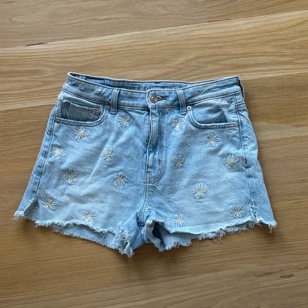 Embroidered Flower Light Blue Denim Shorts - Picture 1 of 3